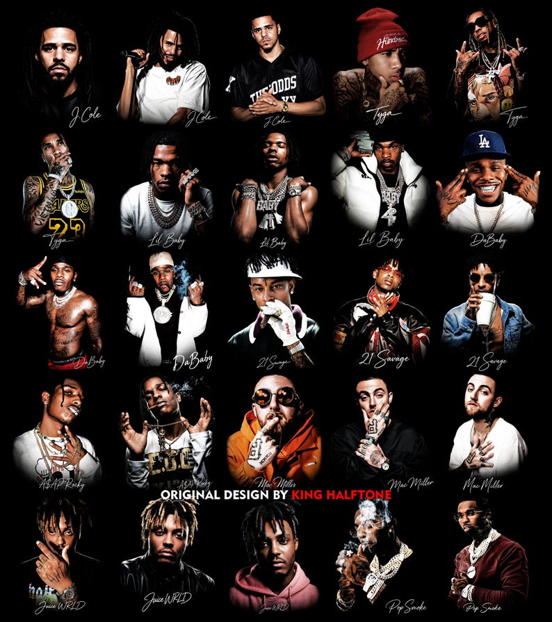 May include: A black graphic featuring portraits of various rappers, including J. Cole, Lil Baby, and Mac Miller. The image includes the text "ORIGINAL DESIGN BY KING HALFTONE" and artist names.