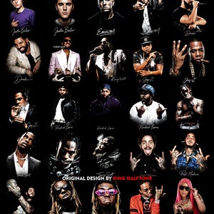 May include: A black graphic featuring portraits of various musicians, including Justin Bieber, Eminem, Drake, Kanye West, Jay-Z, Kendrick Lamar, Travis Scott, Post Malone, Lil Wayne, and Nicki Minaj. The text "ORIGINAL DESIGN BY KING HALFTONE" is also present.