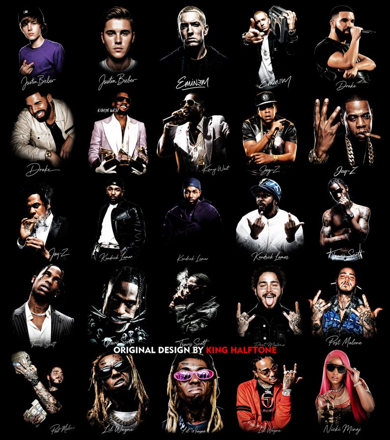 May include: A black graphic featuring portraits of various musicians, including Justin Bieber, Eminem, Drake, Kanye West, Jay-Z, Kendrick Lamar, Travis Scott, Post Malone, Lil Wayne, and Nicki Minaj. The text "ORIGINAL DESIGN BY KING HALFTONE" is also present.