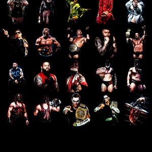 May include: A collage of professional wrestlers in various poses against a black background. The wrestlers are in colorful costumes, some with face paint, and some holding championship belts. The image is a mix of action shots and portraits.