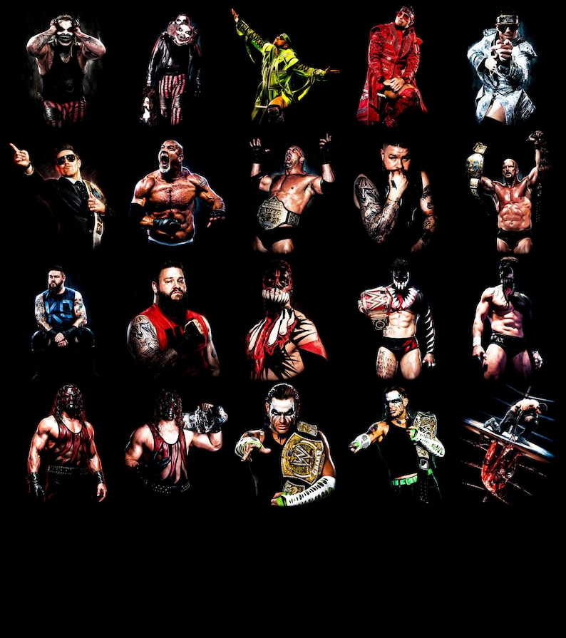May include: A collage of professional wrestlers in various poses against a black background. The wrestlers are in colorful costumes, some with face paint, and some holding championship belts. The image is a mix of action shots and portraits.