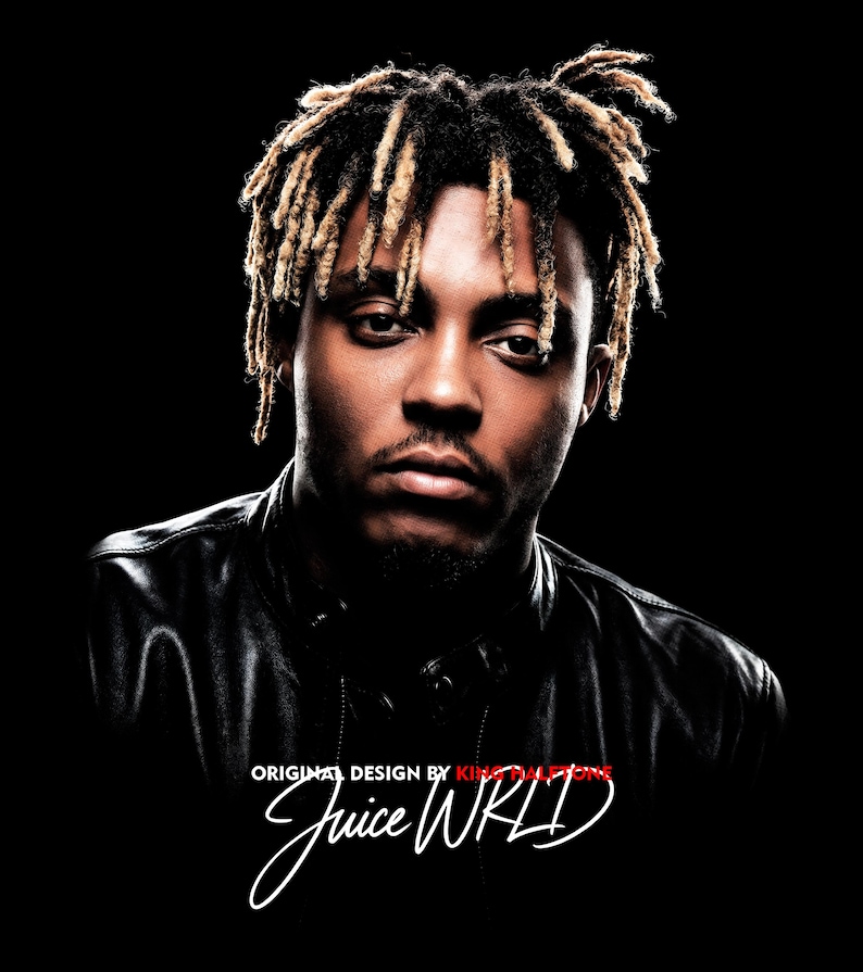 May include: A portrait of a man with dreadlocks, wearing a black leather jacket, against a black background. The image includes the text "Juice WRLD" in a stylized script, with "Original Design by King Dalton" above it.