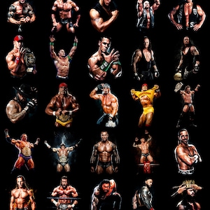 May include: A collage of professional wrestlers in various poses against a black background. The wrestlers are muscular and wearing wrestling attire. Some are holding championship belts, while others are flexing or striking poses.