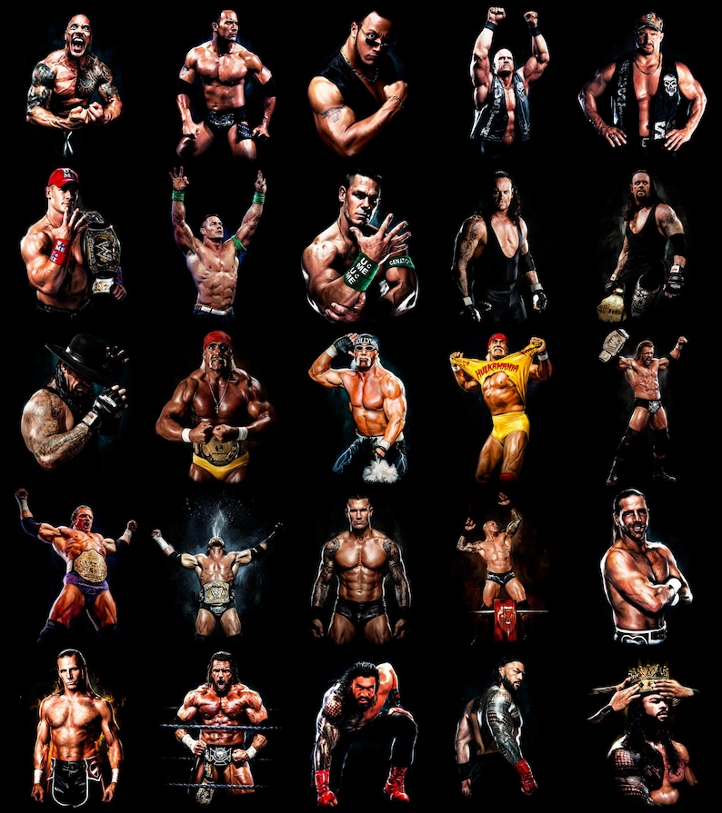 May include: A collage of professional wrestlers in various poses against a black background. The wrestlers are muscular and wearing wrestling attire. Some are holding championship belts, while others are flexing or striking poses.