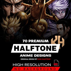 70 Halftone Anime Semi-Realistic Designs A2 A3 A4 | Manga Style PNG Bundle |  Streetwear Graphic Pack | Black Fabric | DTF Screen Print