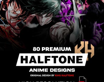 80 Anime Halftone Designs A2 A3 A4 | High Contrast Manga Style PNG | Streetwear Graphic Pack | Black Fabric Ready | DTF Screen Print