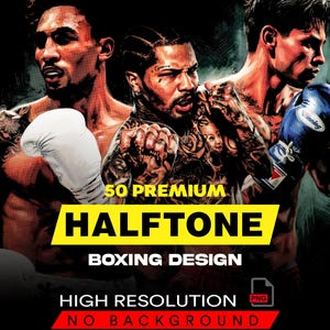 Puede incluir: Ilustración digital de tres boxeadores en acción, con guantes de boxeo blancos y azules. La imagen presenta el texto "50 Premium Halftone Boxing Design" y "High Resolution No Background" en un estilo audaz y llamativo.