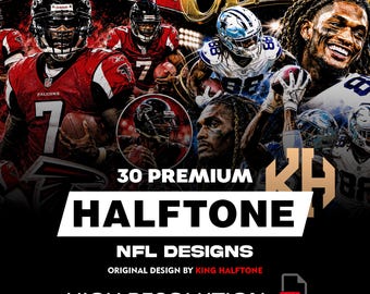 May include: A digital graphic collection featuring NFL players in action, including Michael CeeDee, with text overlays reading 30 PREMIUM HALFTONE NFL DESIGNS, ORIGINAL DESIGN BY KING HALFTONE, HIGH RESOLUTION, and NO BACKGROUND, presented in a collage style.
