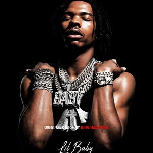 May include: Image of Lil Baby with eyes closed, wearing a large silver chain necklace with the word "BABY" and a cross pendant. He is also wearing a silver watch and multiple bracelets. The text "ORIGINAL DESIGN BY KING HALFTONE" and "Lil Baby" are also visible.