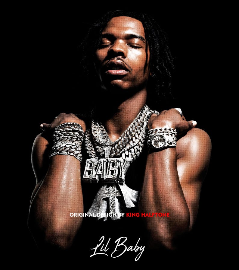 May include: Image of Lil Baby with eyes closed, wearing a large silver chain necklace with the word "BABY" and a cross pendant. He is also wearing a silver watch and multiple bracelets. The text "ORIGINAL DESIGN BY KING HALFTONE" and "Lil Baby" are also visible.