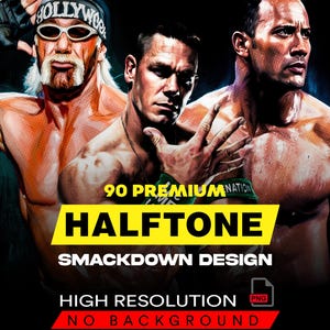 May include: Digital artwork featuring three professional wrestlers. The image includes the text "90 PREMIUM NATION," "HALFTONE," "SMACKDOWN DESIGN," "HIGH RESOLUTION," and "NO BACKGROUND."