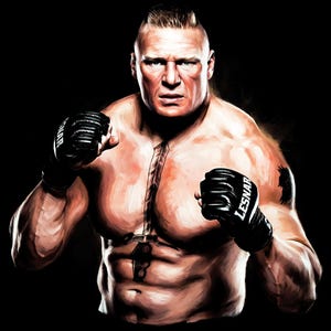 May include: A digital illustration of a muscular person in a fighting stance, wearing black gloves with the word "LESNAR" on one glove. The person has a shaved head and a tattoo on their chest and arm. The background is black.