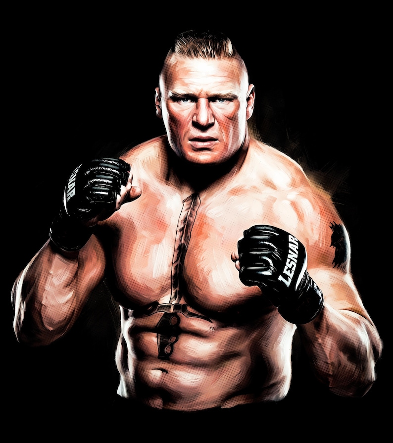 May include: A digital illustration of a muscular person in a fighting stance, wearing black gloves with the word "LESNAR" on one glove. The person has a shaved head and a tattoo on their chest and arm. The background is black.