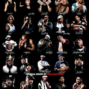 May include: A black poster featuring portraits of various hip-hop artists, including Nicki Minaj, Cardi B, Snoop Dogg, Tupac, and The Notorious B.I.G. The text "ORIGINAL DESIGN BY KING HALFTONE" is at the bottom.