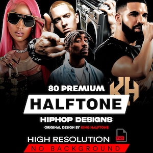 以下が含まれることがあります： ニッキー・ミナージュ、エミネム、ドレイクなど、複数のヒップホップアーティストの肖像画をフィーチャーしたデジタルアートデザイン。デザインには、黒い背景に白いフォントで「80 Premium Halftone HipHop Designs」と「High Resolution No Background」というテキストが含まれています。