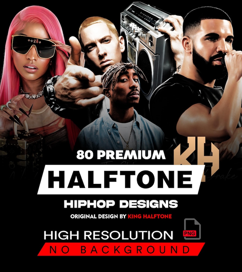 May include: A digital art design featuring portraits of several hip-hop artists, including Nicki Minaj, Eminem, and Drake. The design includes the text "80 Premium Halftone HipHop Designs" and "High Resolution No Background" in white font against a black background.