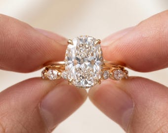 Conjunto nupcial de oro de 14 quilates con halo oculto y corte ovalado de 3 quilates, anillo de compromiso, alianza de boda curva con corte marquesa y redondo, anillo solitario ovalado único.