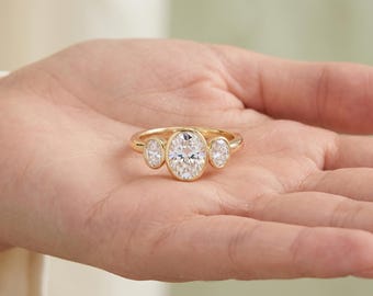 3CT Oval Moissanite Three Stone Ring, Bezel Set Engagement Ring, 18K Yellow Gold Promise Ring, Minimalist Bridal Jewelry, Ring for Women