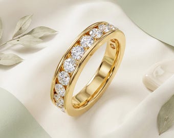 Channel Set Diamond Wedding Band, Yellow Gold Eternity Ring, Round Diamond Anniversary Band, Stackable Bridal Ring for Women