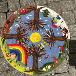 Könnte beinhalten: Ein runder Filzteppich aus Wolle, der die vier Jahreszeiten darstellt. Das Design zeigt eine zentrale Sonne, Bäume und Szenen von Frühling, Sommer, Herbst und Winter. Der Teppich ist hauptsächlich blau, mit braunen, grünen, gelben und roten Akzenten.