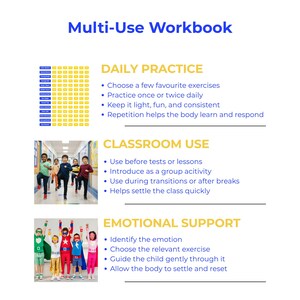 May include: A white workbook titled "Multi-Use Workbook" with blue text. The workbook includes sections on daily practice, classroom use, and emotional support. Images of children are included.