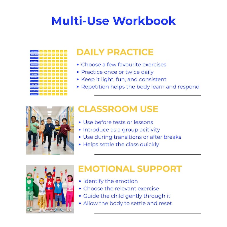 May include: A white workbook titled "Multi-Use Workbook" with blue text. The workbook includes sections on daily practice, classroom use, and emotional support. Images of children are included.