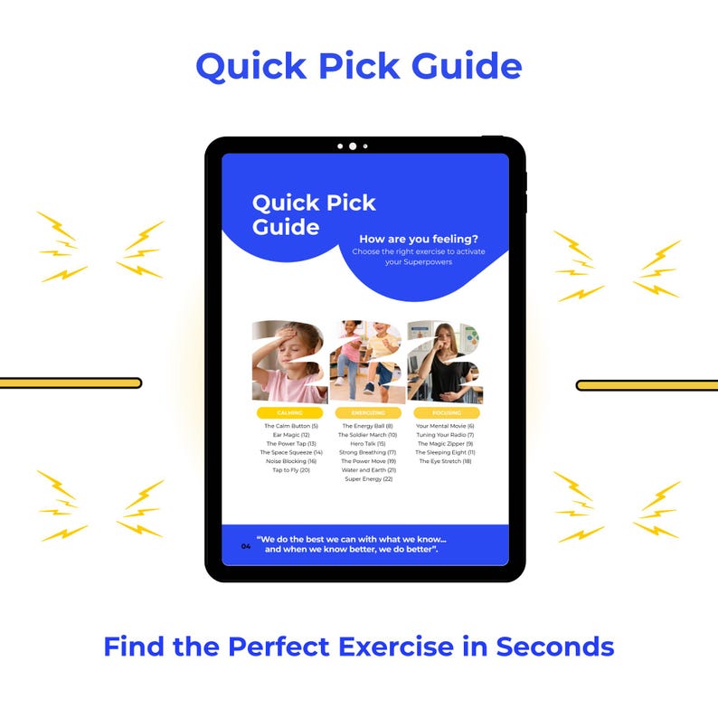 May include: A digital tablet displays a "Quick Pick Guide" with exercise options. The screen features images and text, including "How are you feeling?" and exercise names. The background is white with yellow lightning bolt graphics.