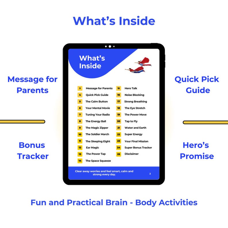 May include: A digital tablet displays a list titled "What's Inside" with numbered items like "Message for Parents" and "Quick Pick Guide." The tablet is black with a white border, and the background is white with blue accents. The text "Fun and Practical Brain - Body Activities" is at the bottom.