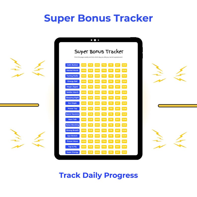 May include: A digital tablet displays a "Super Bonus Tracker" with a grid for daily progress tracking. The text "Track Daily Progress" is at the bottom. Lightning bolt graphics are on the sides, and the overall design is in blue and yellow.