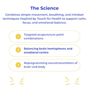 May include: A white graphic with the title "The Science" and text describing techniques for calm, focus, and emotional balance. Three numbered points detail acupuncture, brain hemisphere balance, and neurotransmitter reprogramming.