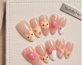 Uñas acrílicas postizas hechas a mano / Diseño de oso fresa a medida