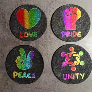 Felt coasters/beer mats, set of 4, "Peace • Love • Pride • Unity" in rainbow colors, gift for LGBTQ+, gay, lesbian, CSD gay, homosexuals