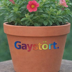 Peut inclure: Un pot de fleurs en terre cuite avec le mot "Gaystört." en lettres pailletées arc-en-ciel. Le pot contient une plante verte avec des fleurs roses et rouges. L'arrière-plan est vert flou.
