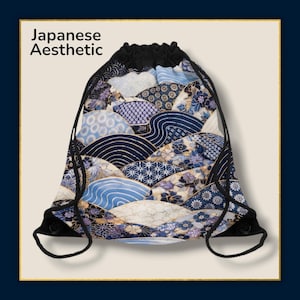 Japanese Seigaiha Drawstring Bag – Blue Japanese Wave Pattern Backpack – Traditional Japanese Art Gym Bag All over print