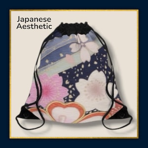 Sakura Japanese Drawstring Bag, Cherry Blossom Backpack, Japanese Aesthetic Gym Bag, Kimono Pattern Cinch Sack, Japan Lover Gift
