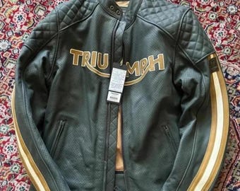 Triumph Braddan Air Race Leather Motorcycle Jacket Perforated Biker Jacket Racing Stripes Diamond Quilting Men Cafe Racer Style Gift For Him