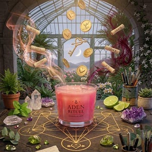 Puede incluir: Una vela rosa Aden Rituel hecha a mano se muestra con cristales, monedas y una llave. La vela está rodeada de plantas y las palabras "Wish", "Love", "Intent", "Grace" y "Joy" están escritas en rollos.