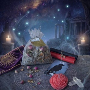 Puede incluir: Una escena mística con una bolsa transparente de hierbas secas y capullos de rosa, un paño de terciopelo púrpura con bordado dorado y una vela roja en forma de rosa. También hay una tarjeta con una ilustración de cuervo y dos pergaminos.