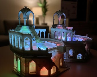 Indoor Water Fountain Castle with 6 Streams and LED Light, Tabletop Handmade Desktop