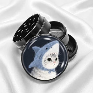 Cat Wearing a Shark Hat 4-Piece Metal Vanilla Spices Grinder Gift Black