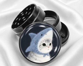Cat Wearing a Shark Hat 4-Piece Metal Vanilla Spices Grinder Gift