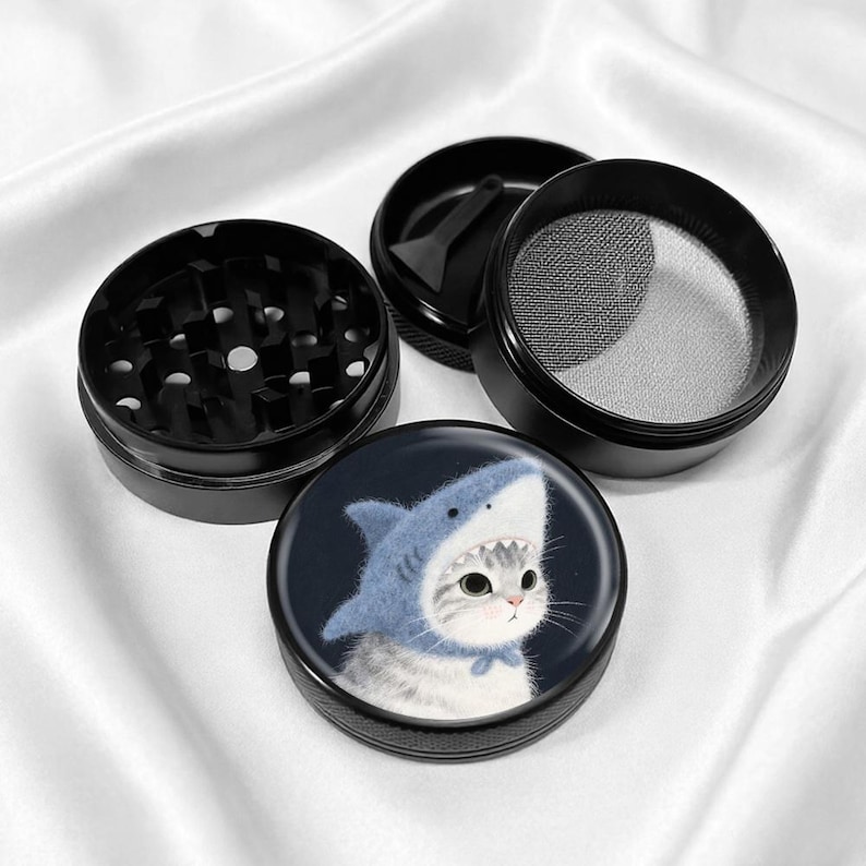 Cat Wearing a Shark Hat 4-Piece Metal Vanilla Spices Grinder Gift image 4