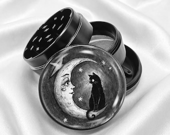 Moon and Black Cat Sketch Art 4-Piece Metal Vanilla Spices Grinder Gift
