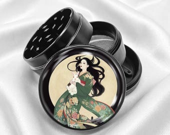 Japanese Woman Holding a Rabbit 4-Piece Metal Vanilla Spices Grinder Gift
