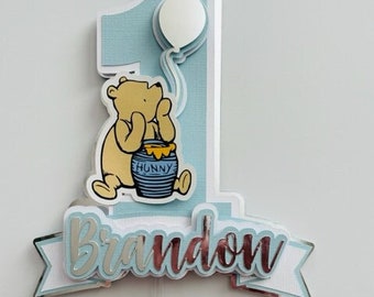 Winnie the Pooh Blue Cake Topper. Pooh Cake Topper. Happy Birthday Sign. Baby Shower. Centerpiece Decorations. Blue and Silver.