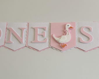 ONE silly goose. First birthday banner.Pink and white banner. 1st birthday party.