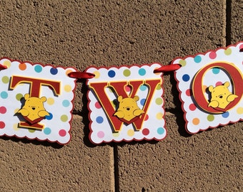 Winnie the Pooh. Happy Birthday Banner.  TWO . Red and yellow. Photo prop.