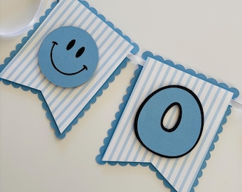 Boy ONE smiley face dude banner dusty blue face and pale blue stripes. Photo prop. Highchair banner.