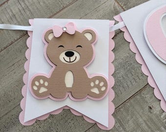 Teddy bear banner one banner Photo prop highchair banner. Party banner pink and white banner  Beary 1st birthday, happy 1st birthday
