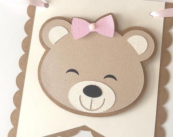 Girl ONE teddy bear banner. Cream, Pink and Kraft. Photo prop. Highchair banner.